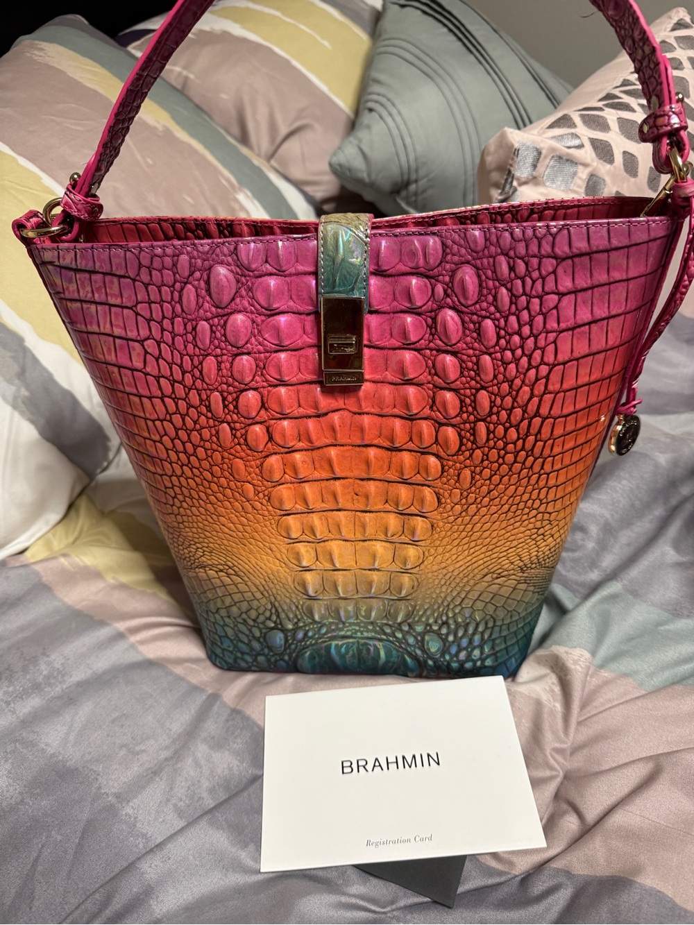 Brahmin Shira Ombre Croc-Embossed Leather Hobo – Pink Orange Yellow Green